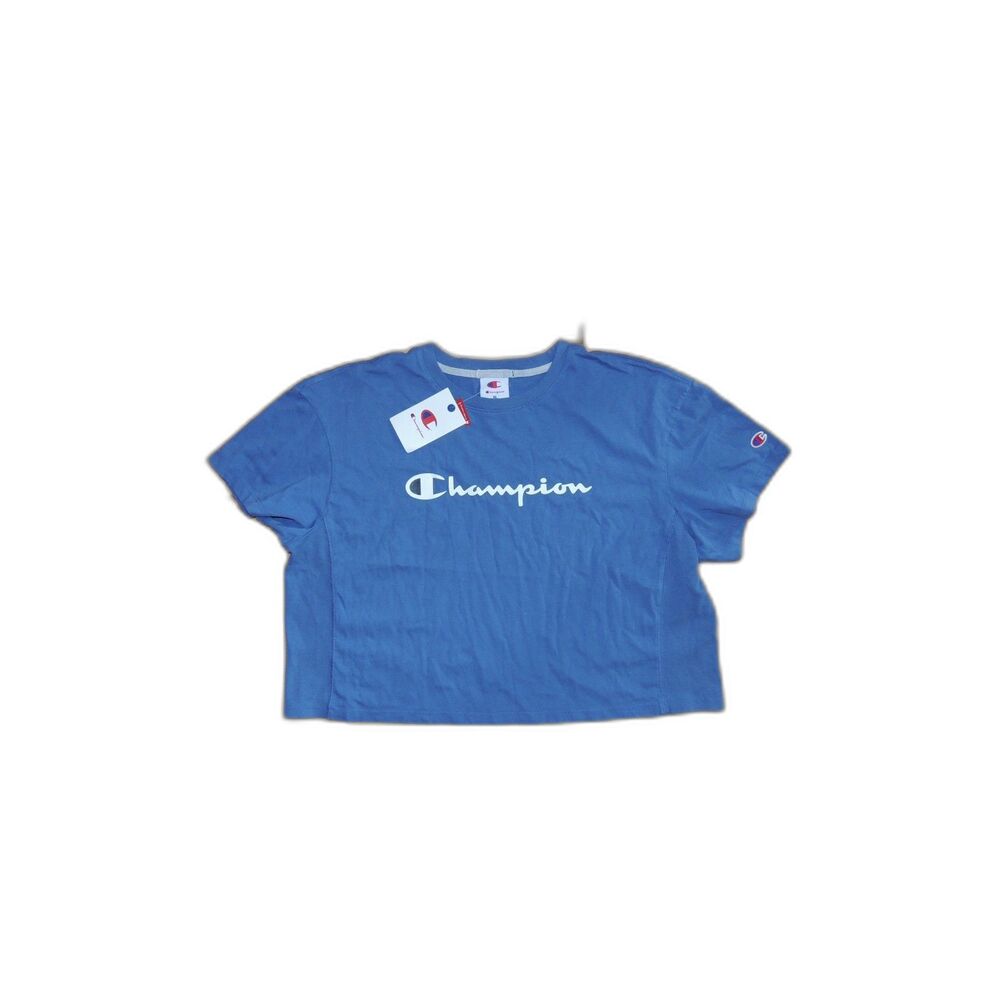 NWT Champion Iconic Cropped Script Logo Short Sleeve Tee - Gray Blue XL